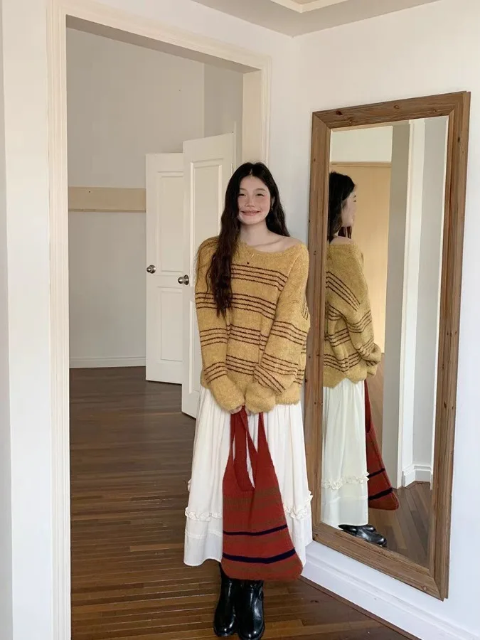 

Yellow Striped oulder Bared Lazy Sle Women's Knitted Sweater Long Sve Retro Top for Autumn Winter New Arrival