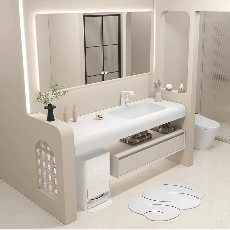 Small wall-mounted bathroom vanity with smart mirror, copper drain sink, vanity cabinet