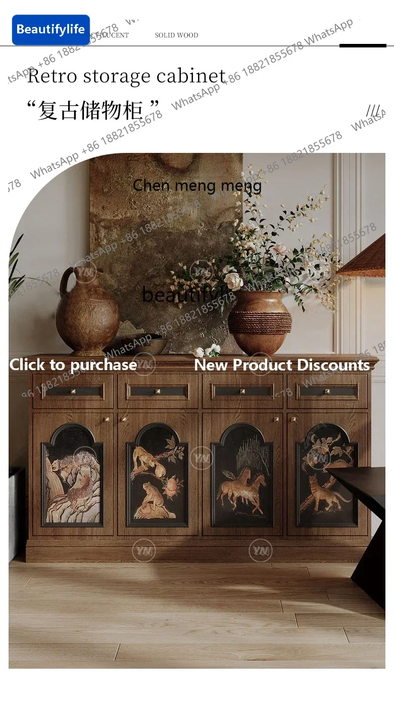 

183F Solid wood hand-painted printed bucket cabinet American retro storage cabinet Solid wood storage wall storage cabinet