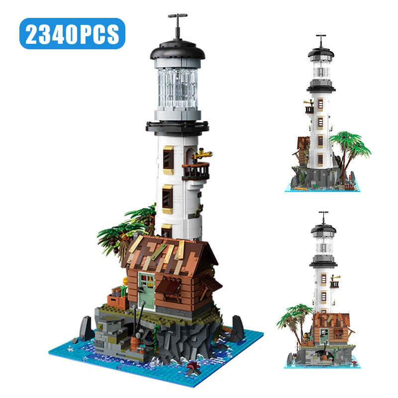 

Creative Fishing Village Lighthouse Fisherman Cabin With Light Model Building Blocks Street View Island Mini Bricks MOC Toy Gift