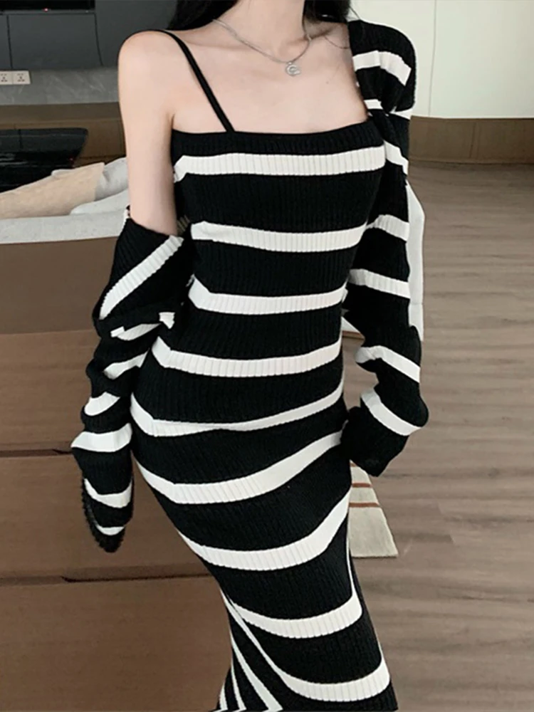 Summer New Women's Stripe Dresses Black Sleeveless Knitted Sexy Strap Dress Wrapped Hip Maxi Sundress Ladies Vestidos Party