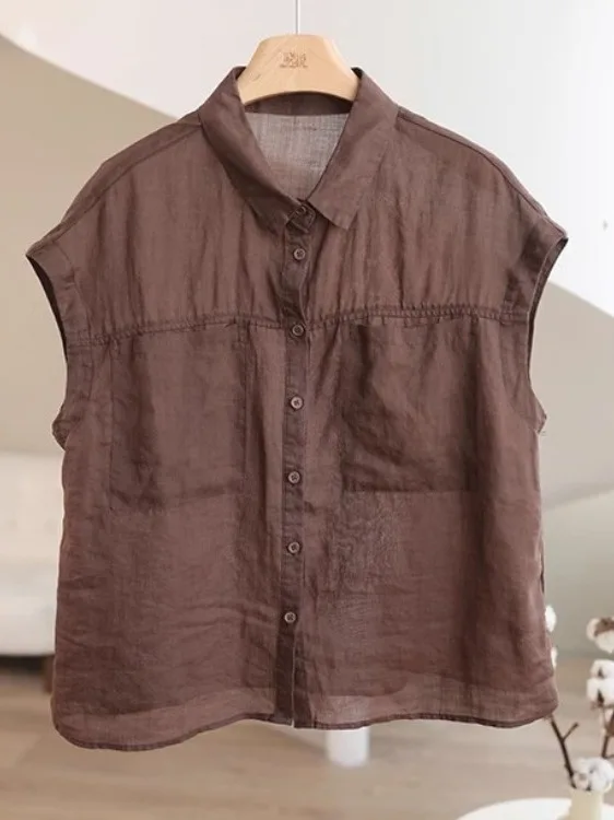 قميص أنيق بدون أكمام من القطن والكتان للنساء، قميص صيفي بسيط كاجوال بياقة كتان وأكمام قصيرة طائرة #2