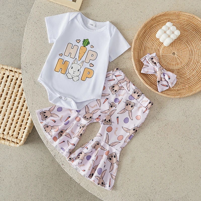 

Suefunskry Baby Girl Easter Set, O-Neck Short Sleeve Rabbit Print Romper + Elastic Waist Flare Pants + Headband 3Pcs Outfits