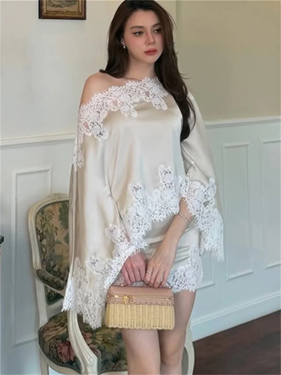 Sisterlinda Damen Schickes Satin 2-Teiliges Set Jacquard Patchwork Sexy Schräger Kragen Off-Shoulder Tops+Röcke Elegante Schicke Party-Anzüge