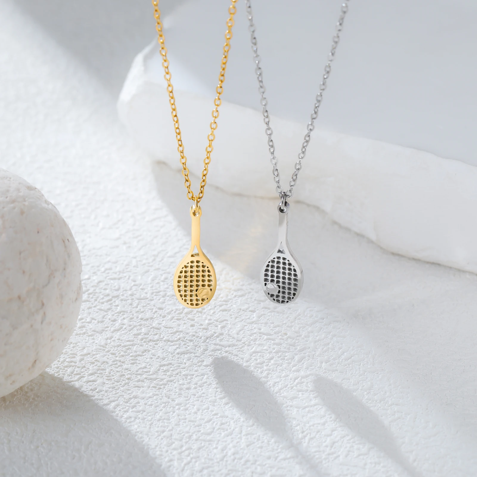 Tennis Ball and Racket Pendant Necklace Women Girls Stainless Steel Gold Color Chain Choker Fashion Simple Sports Jewelry Gift