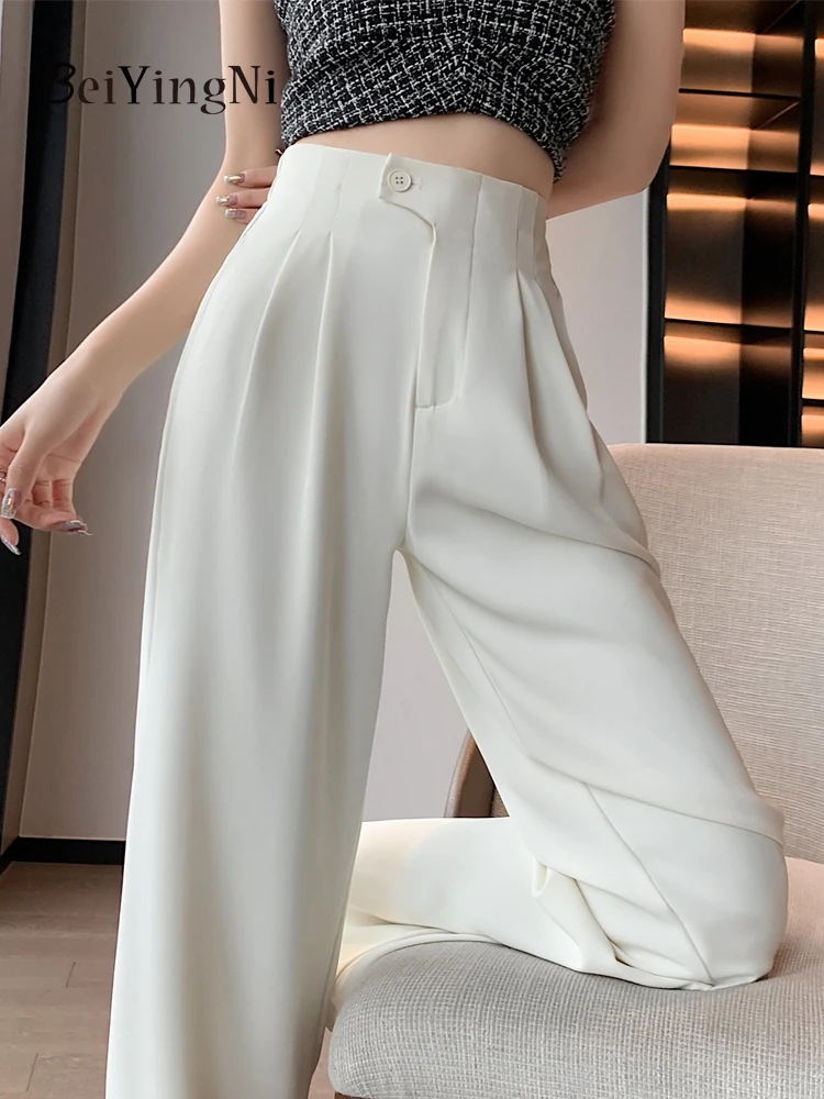 

Beiyingni Luxury Elegant Pants for Women 2024 Spring Summer High Waist Buttons Wide Leg Trousers Ladies Ruched Gray Black Pants