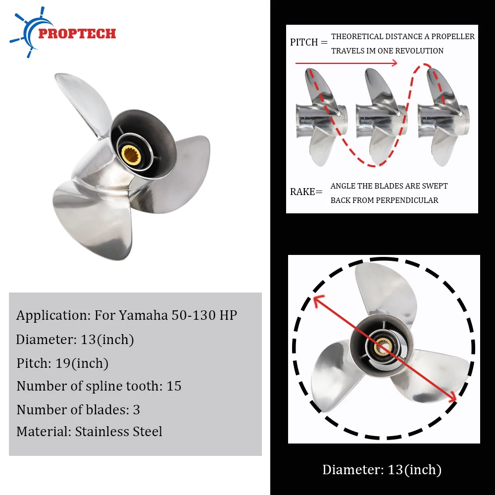 Śruba napędowa do silnika zaburtowego YAMAHA 50-130KM 13X19, stal nierdzewna, 3 łopatki, 15 wpustów, część do silnika morskiego.