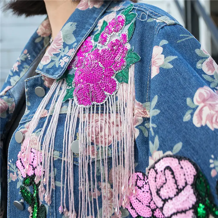 Luxury Floral Printing Fringed Denim Coat Dyeing Flowers Embroidery Tassels Jean Bomber Jacket Sequined High Waist Cardigan Tops