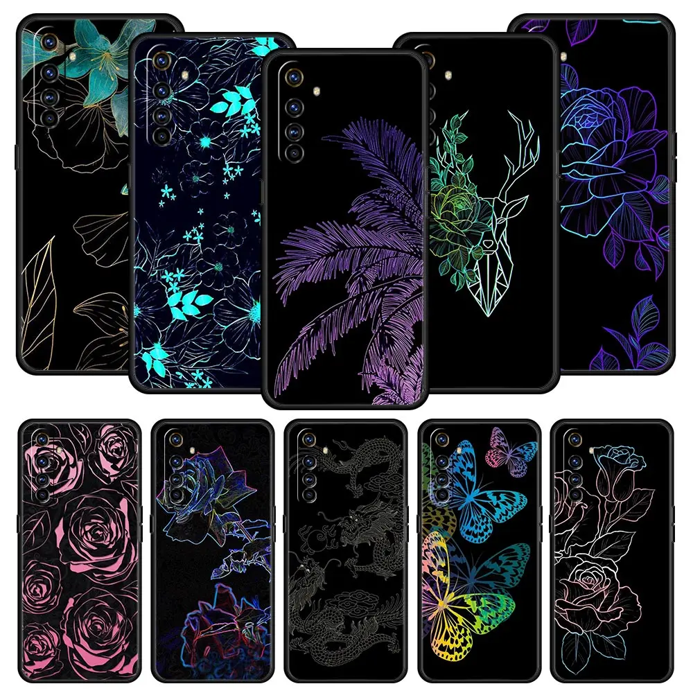 Dragon Flower Grass Line Art For Realme GT Neo 2 3 3T Phone Case For Realme 10 9 8 5G 7 6 GT2 Pro Plus 9i C21 C11 C25 C35 Cover