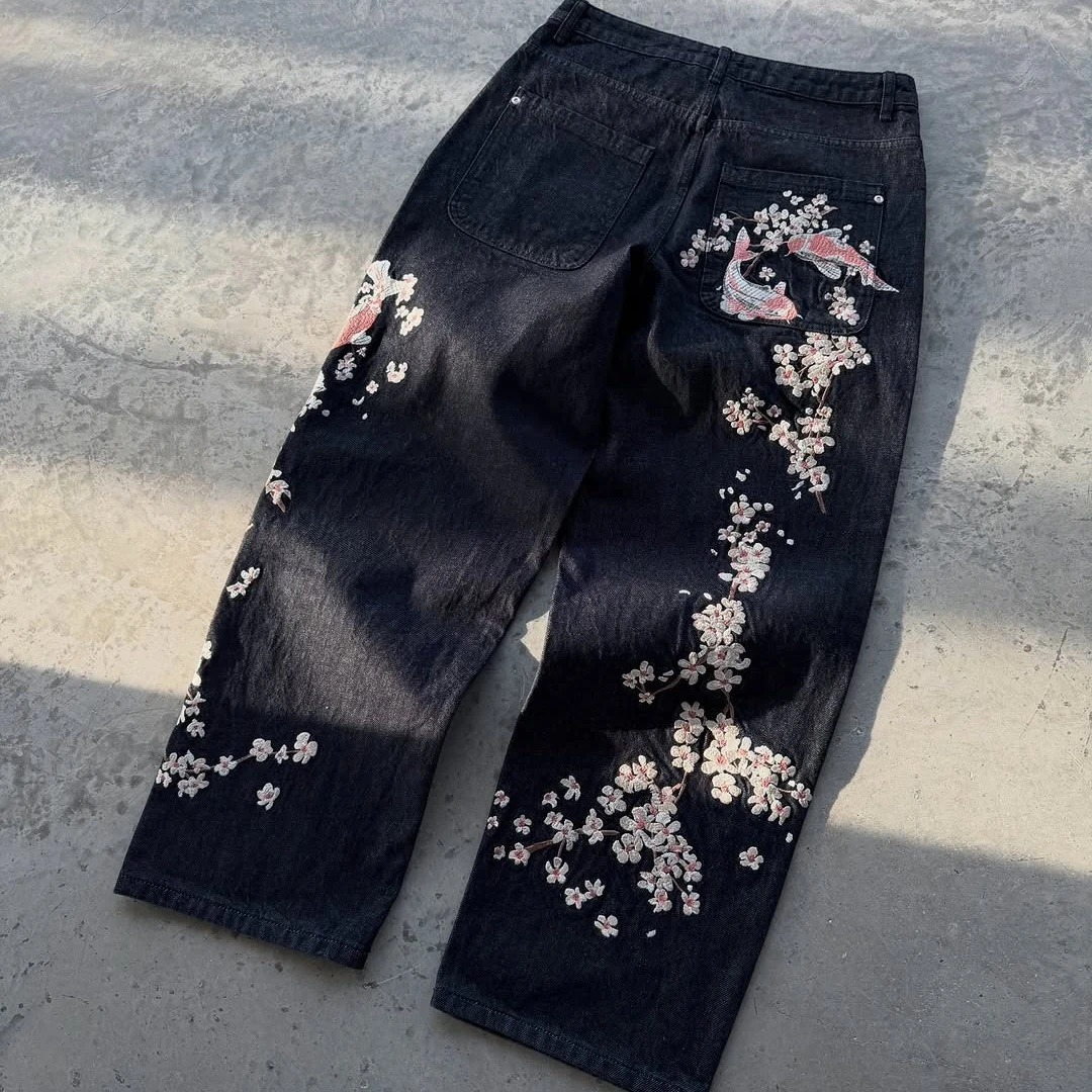 Spodnie Y2K Baggy Jeans Oversize z haftem kwiatów wiśni Harajuku Vintage z szerokimi nogawkami Gothic Męskie Damskie Hip Hop Proste nogawki