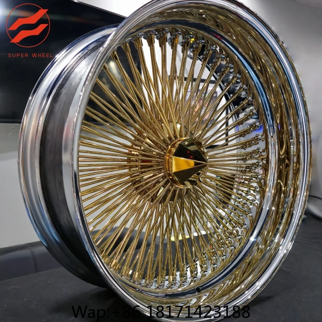 【Hot】Wire Wheels 20 22 24 Inch 22x8 5x120.7 Gold Center Chrome Lip Rims 72 100 150 204 Spokes Reverse Deep Dish Wire Wheels