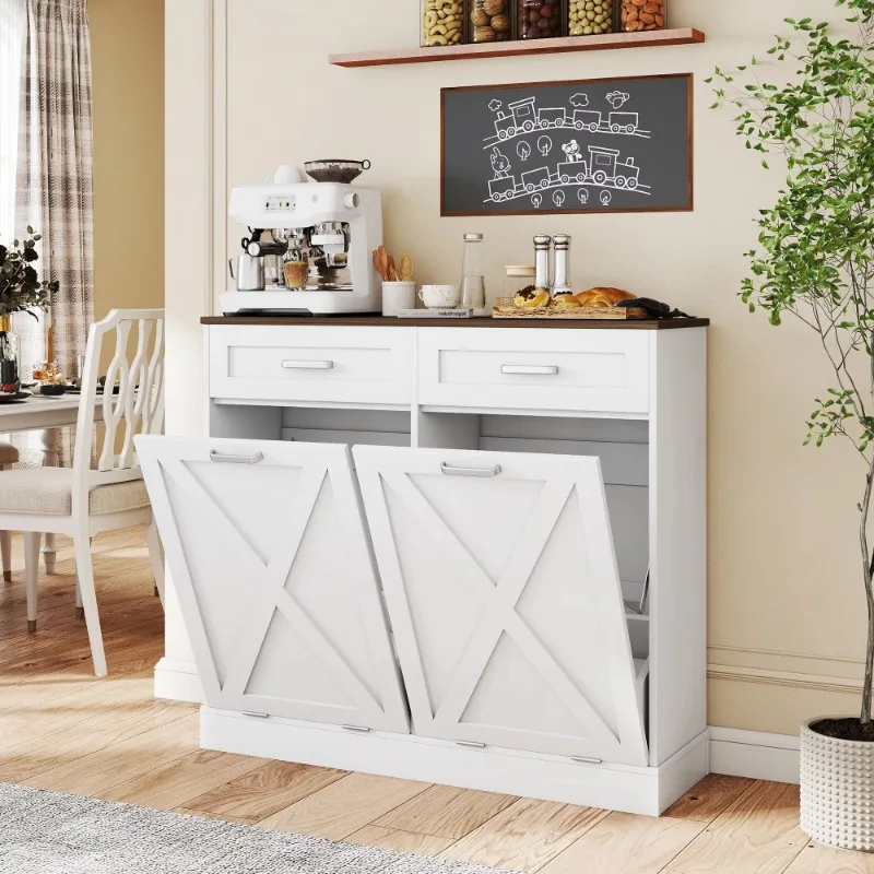 Multi-function double tilt T-shaped wooden trash can cabinet with drawers and barn doors, durable, waterproof, easy to clean