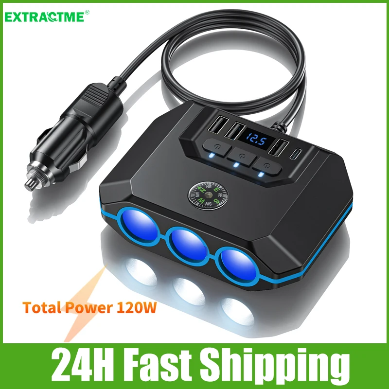 Extractme 120W 7in1 Car Charger Plug Adapter PD 3 Socket Charger Independent Switches 12/24V Power Outlet for IPhone GPS Dashcam