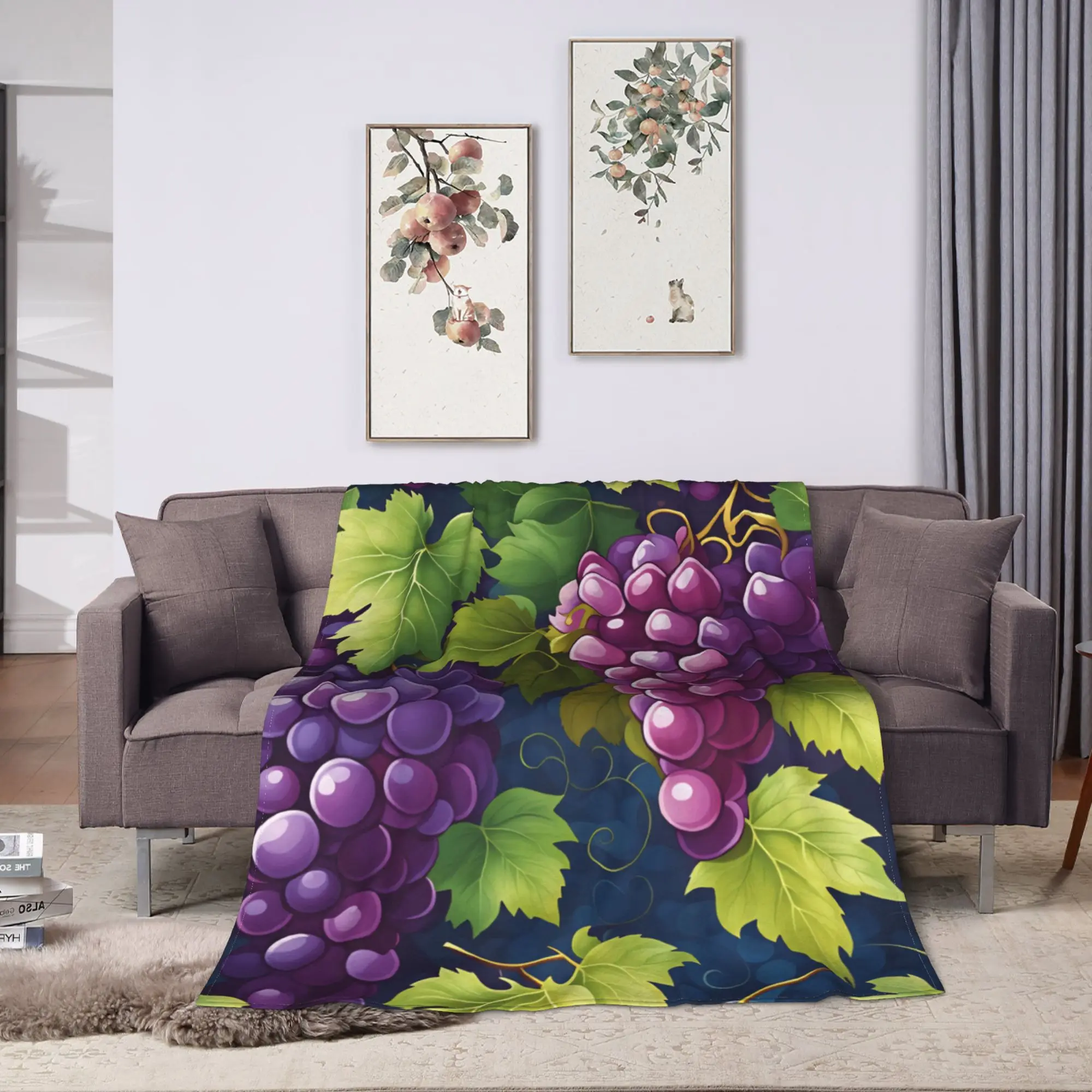 Warm Cozy Throw Blanket Picnic Grape Seamless Pattern Dark Blue Background Blanket  Flannel For Home Decor Funny Sofa Bed Cover