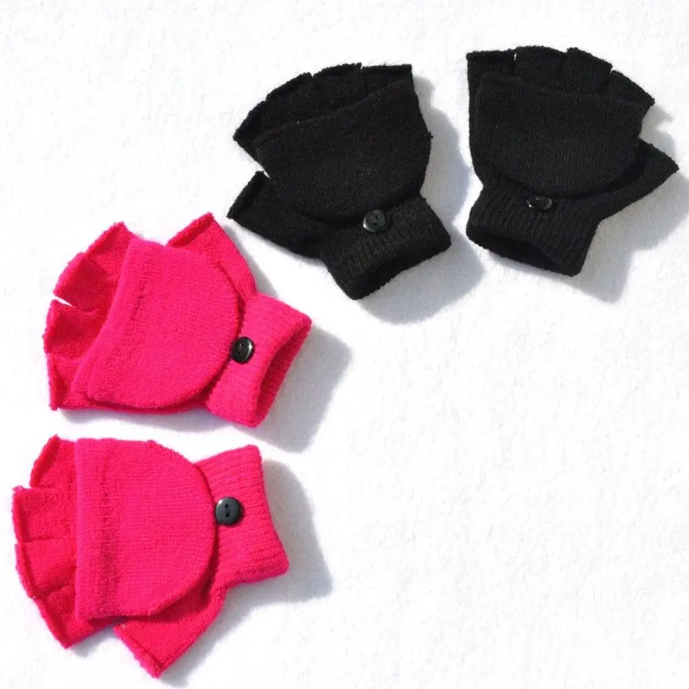5-11 Years Windproof Thicken Knitted Gloves Flip-Open Warm Winter Warm Mittens Cartoon Plus Velvet Fingerless Gloves for