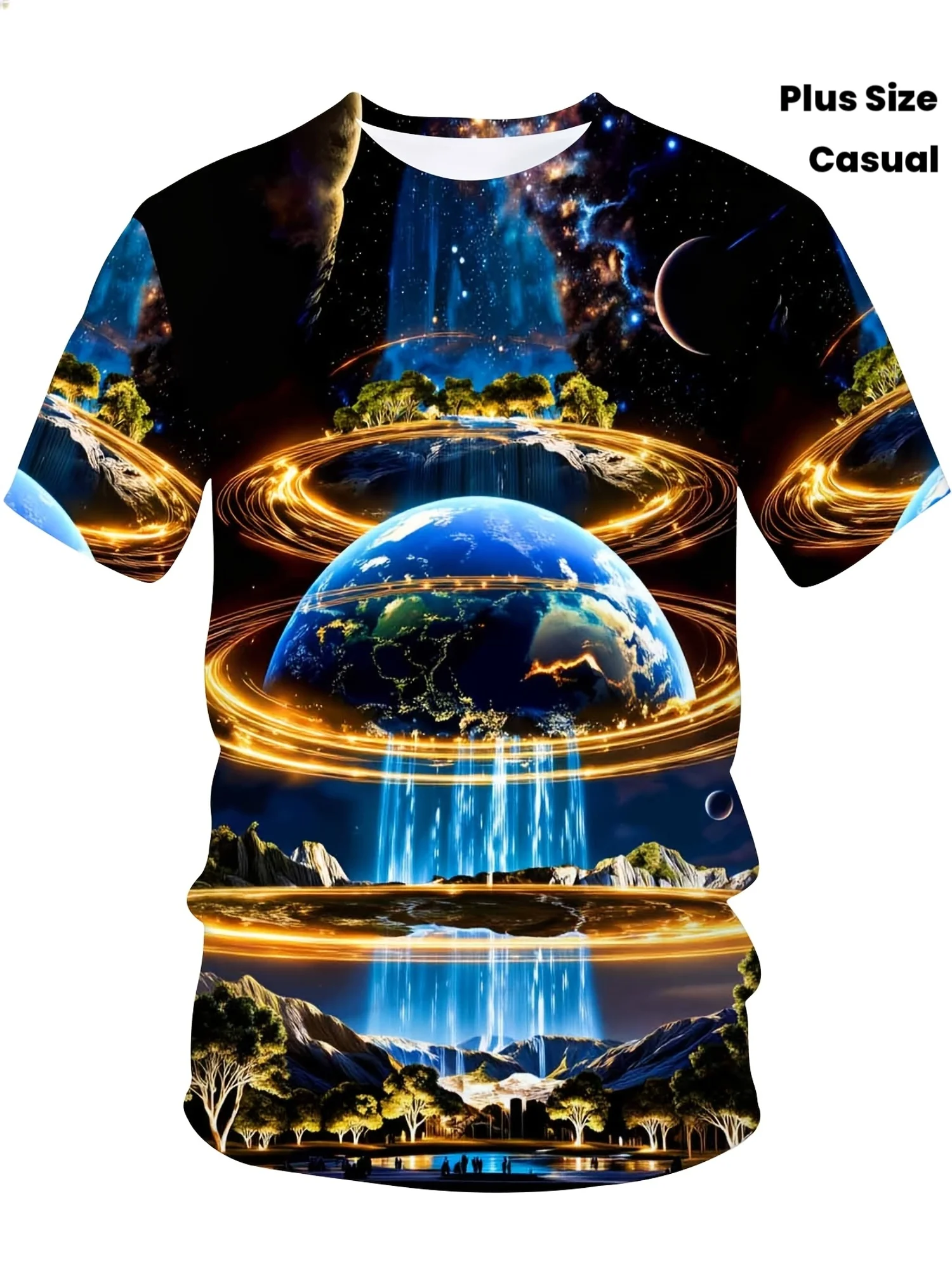Men's Cosmic Earth Waterfall Planet Print T-Shirt O-Neck Short Sleeve Scenic Casual Tops