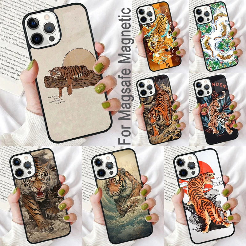 Japanese Tiger Magnetic Soft Phone Case for iPhone 16 Promax 15 Pro 13 14 Plus 11 12 Mini MagSafe Coque