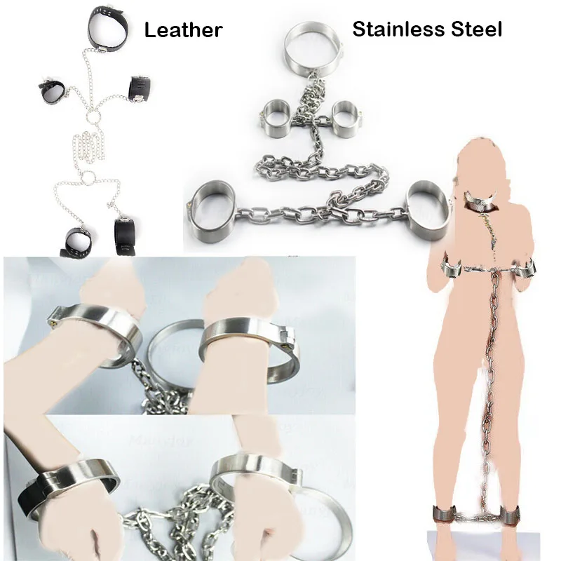 Heavy Stainless Steel Full Body Cuffs  Shackles Neck Collar Handcuffs Ankle Cuffs with Chain Restraint Slave SM Sex Toys