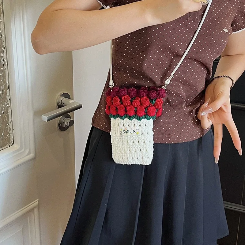 2026 Kids Sweet Style Hollowed Bag Floral Crochet Letter Patch Wool Bag for Girls Colorful Children Crossbody Bag