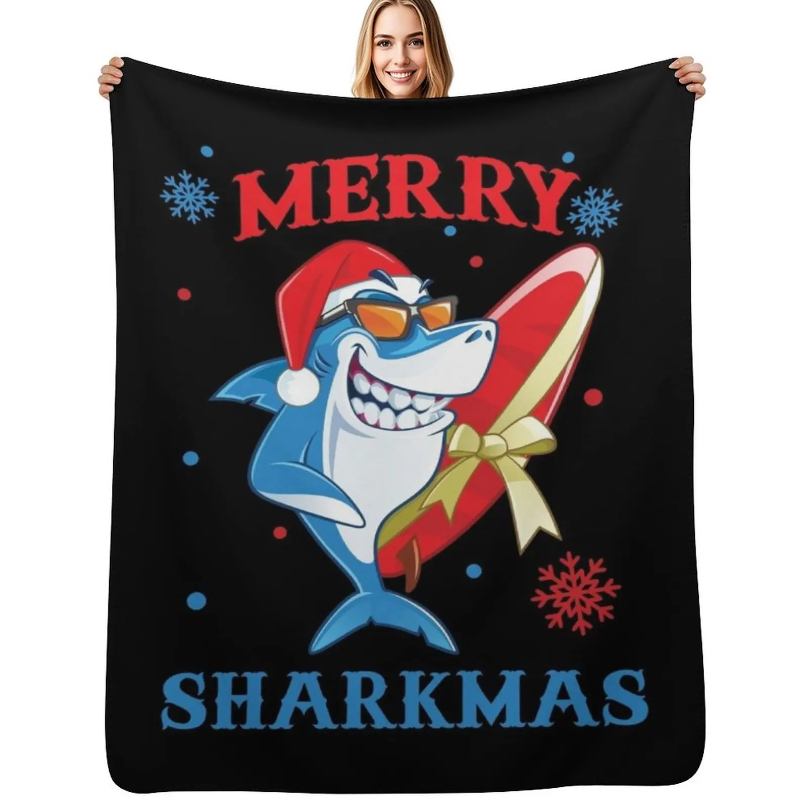 

Merry Sharkmas Funny Santa Shark Christmas Throw Blanket Warm Flannel Blanket for Couch Chair Bedroom