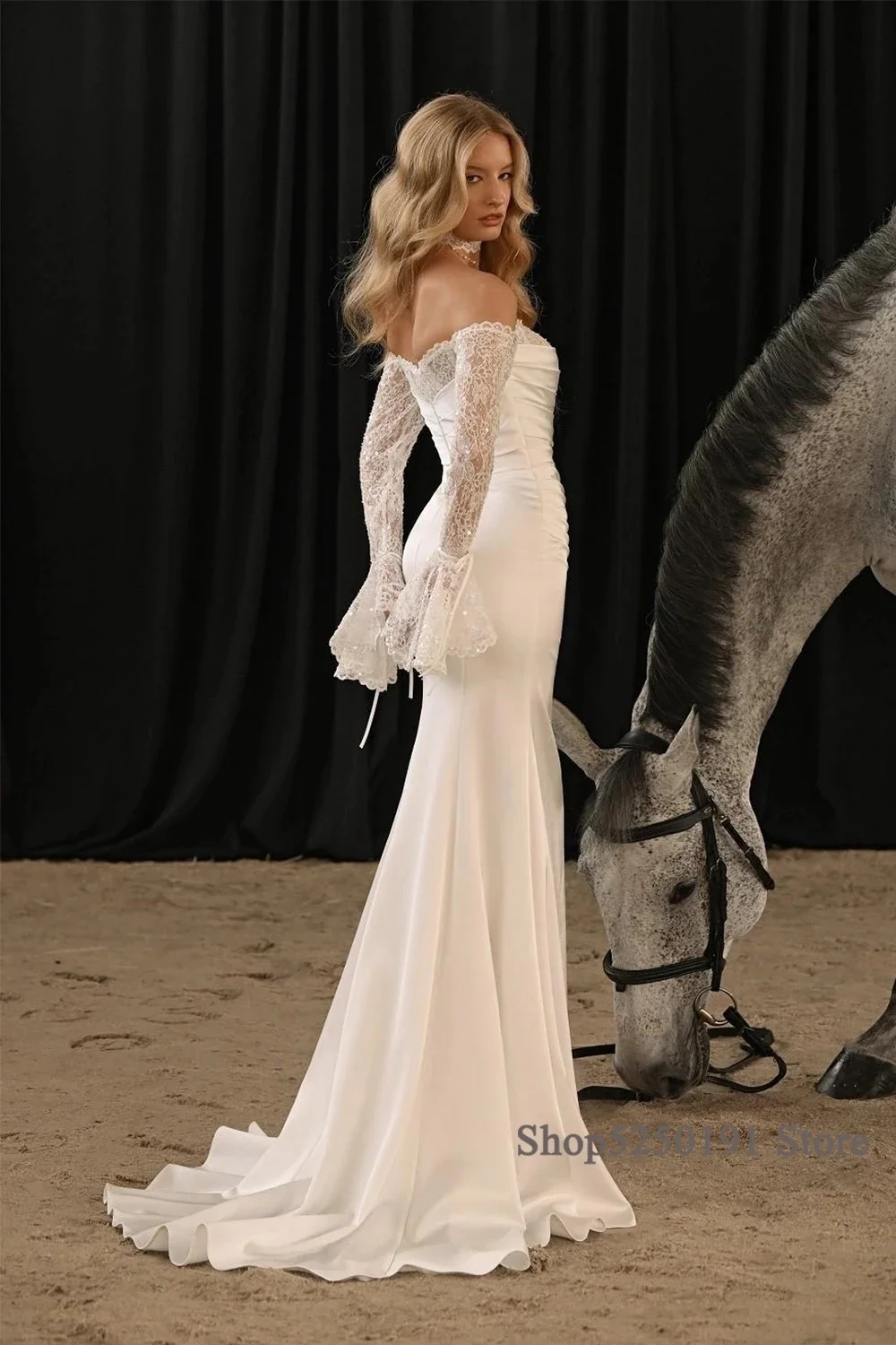 Custom Princess-Style Off-Shoulder Wedding Dress with Lace Sleeves — Elegant Satin Ruched Fishtail Bridal Gown