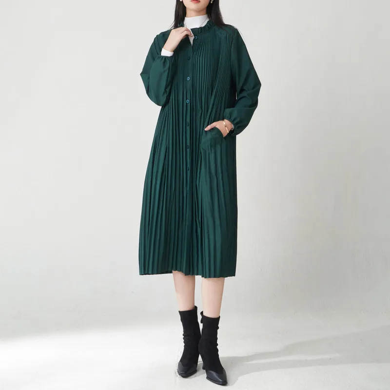 YFPF 2025 Autumn New Women Long Coat Miyake Pleated Solid Color Buton Stand Collar Fashion Windbreaker Office Lady Clothing