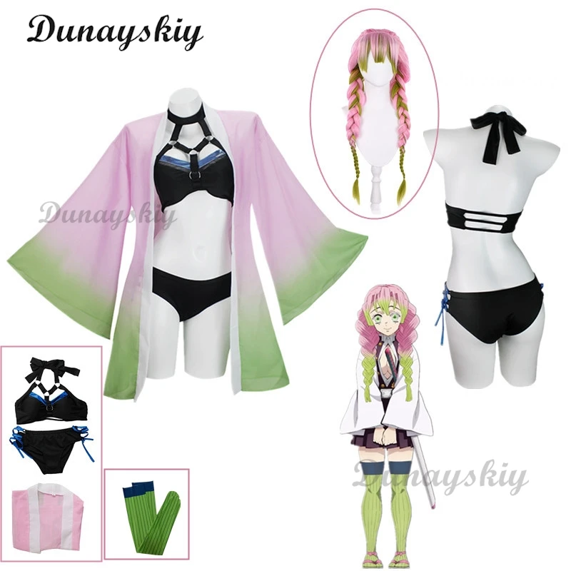 Anime Kanroji Mitsuri Cosplay Swimsuit Cardigan Swimsuit Set Summer Bikini Beach Cosplay Costume Wig Sock Gift