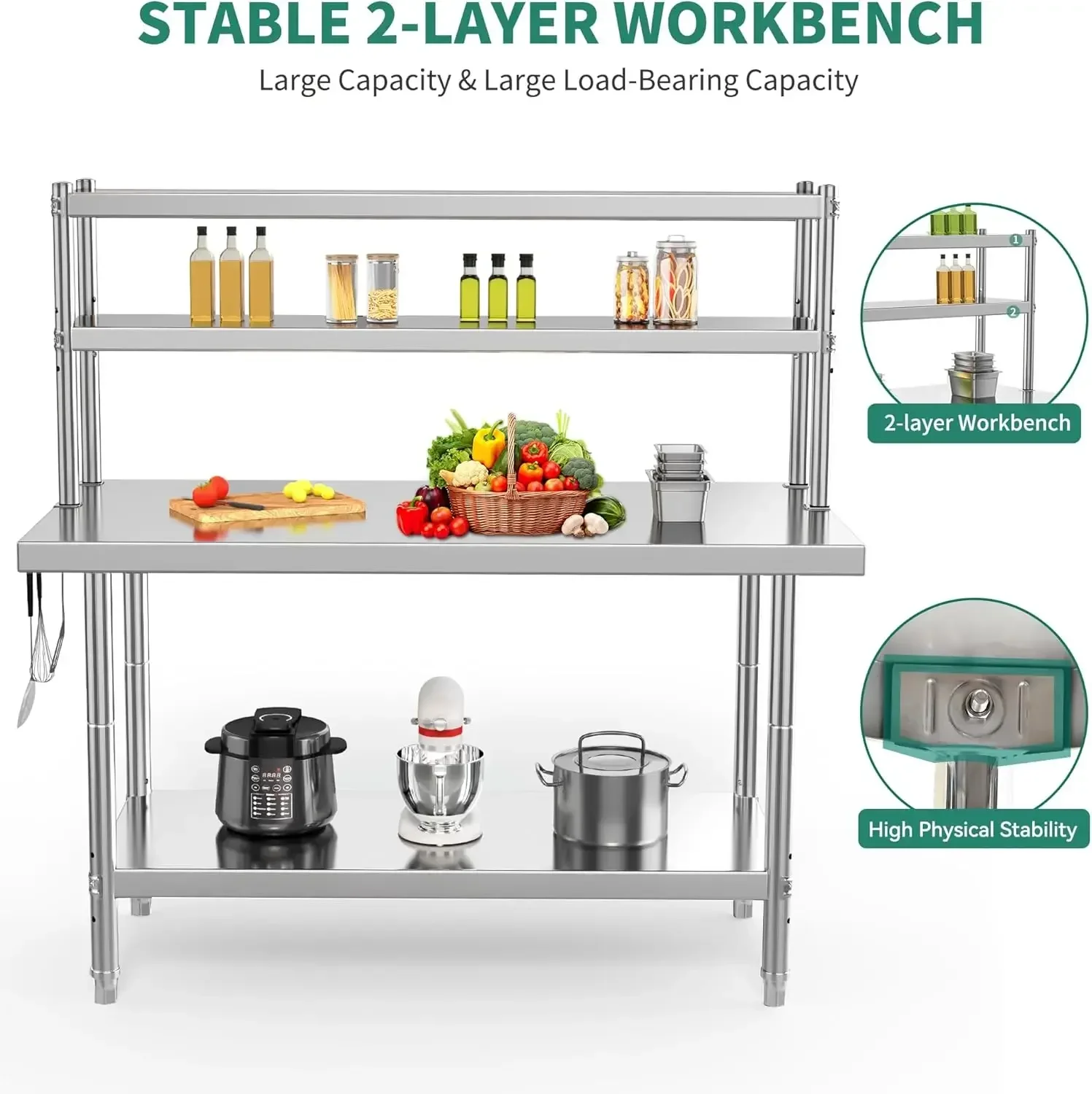 NSF Stainless Steel Table with Overshelves, 48" X 24" Work with 48" X 12" Shelf, Metal Prep for Home Kitchen R