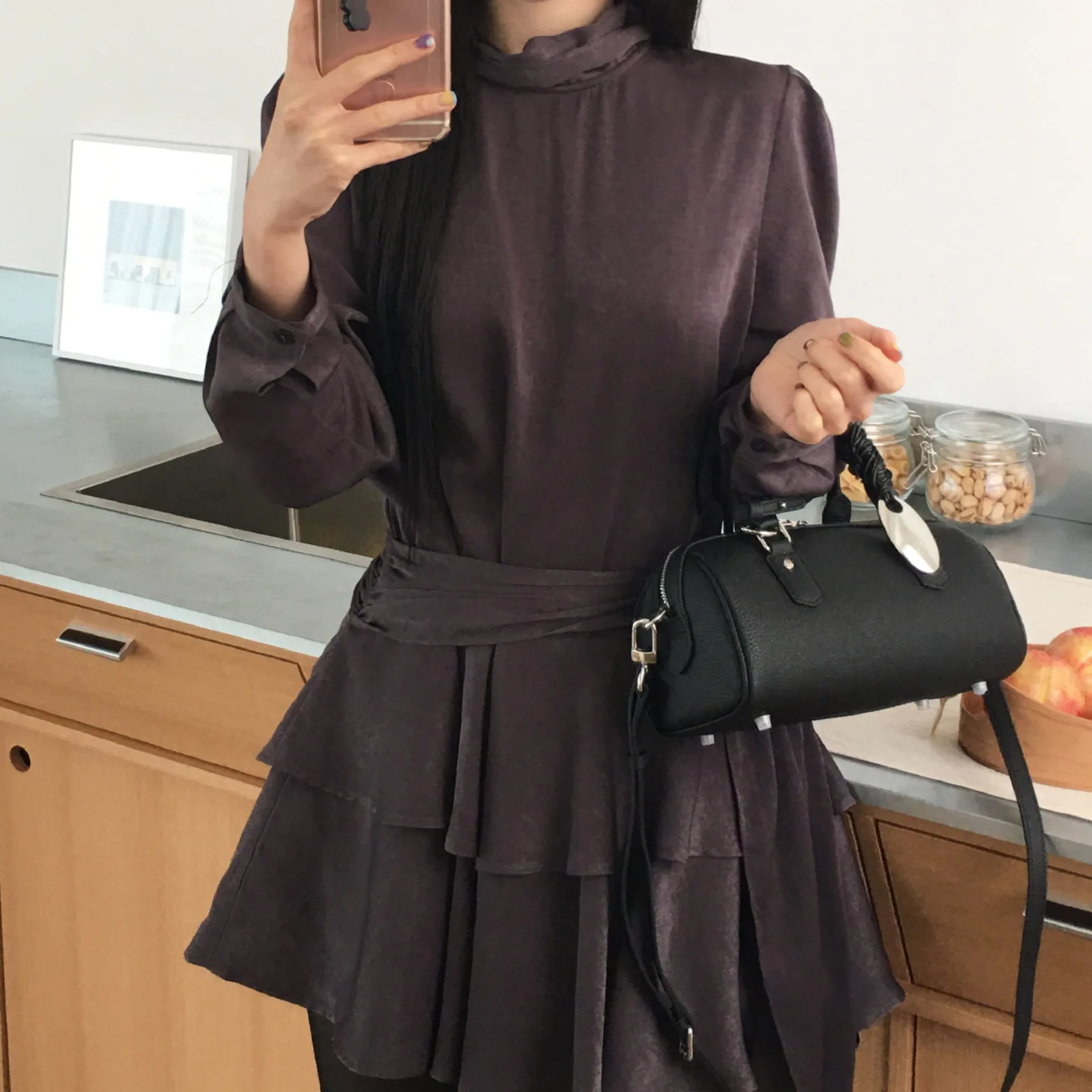 

Chic Autumn Winter Anti-Aging Retro f High Collar Gauze Long Sve Dr Women's Commute Korean Sle Gathered Waist Poly...