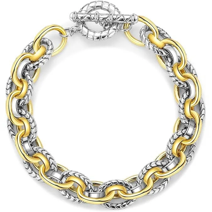 

Stainless Steel 14K Gold-Plated Two-Tone Bracelet, Women's High-End Metallic-Style Chain with OT Clasp, Jewelry Gift
