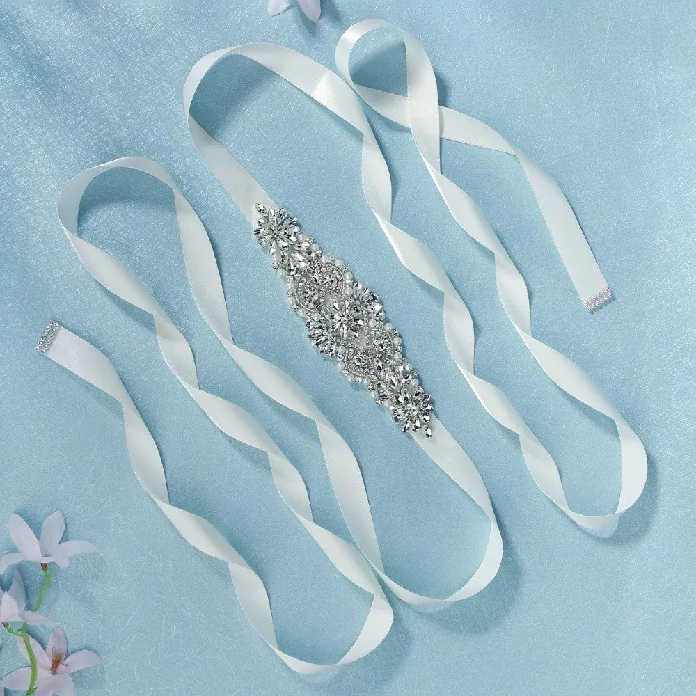 เข็มขัดแฟชั่นสำหรับเจ้าสาว สีเงิน เข็มขัดแต่งงานแบบยาว ประดับคริสตัล สไตล์เกาหลี ผ้าคาดเอวสำหรับเจ้าสาวในงานแต่งงาน