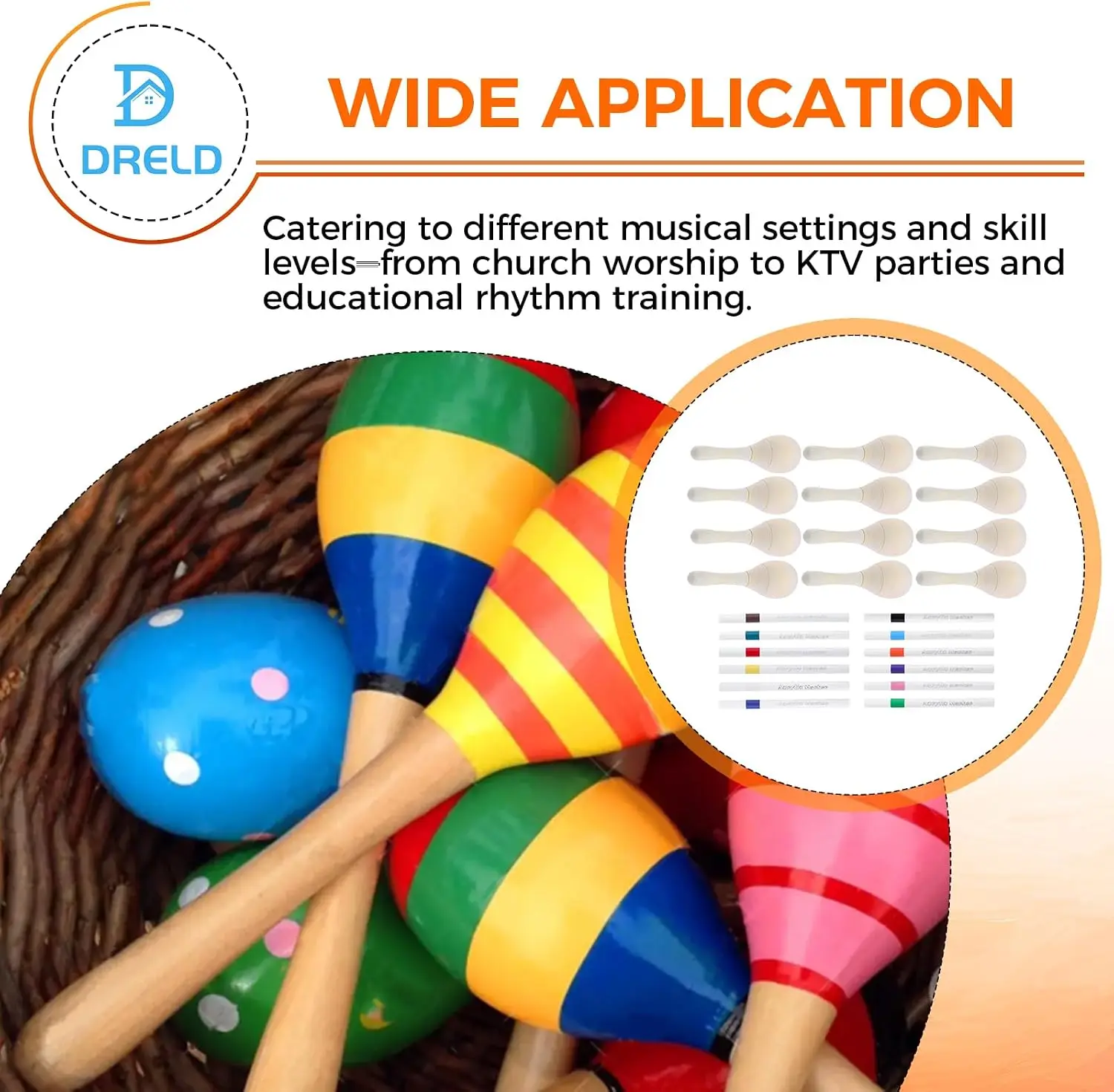 12Pcs Mini Wooden Maracas w/ 12Pcs Multicolor Pen Percussion Musical Instruments DIY for Party Gathering Christmas Holiday Gift