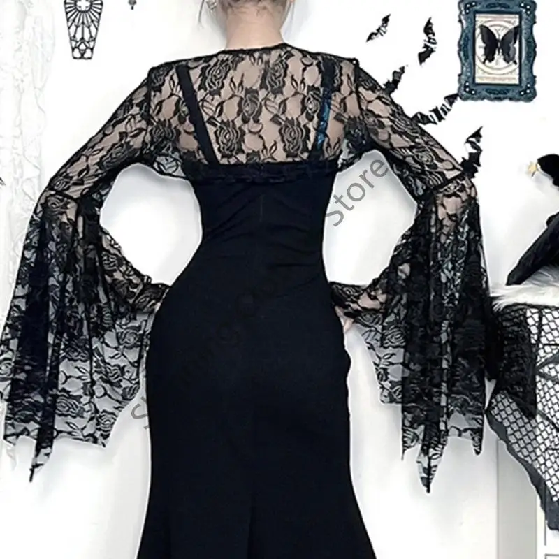 M68A القوطية الدانتيل أجنحة الخفاش كم غير المتكافئة هيم بلوزات الصيف خفيفة الوزن للنساء البوليستر بلوزة غير رسمية #5