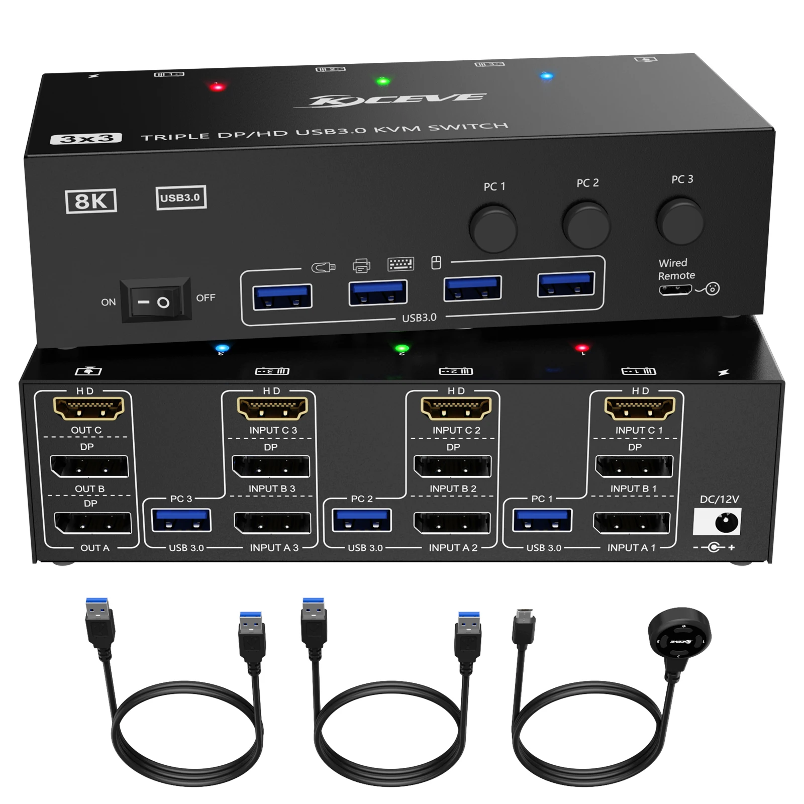 KVM Switch 3 Monitors 3 Computers 8K@60Hz,USB 3.0 HDMI Displayport KVM Switch Triple Monitor for Keyboard Mouse