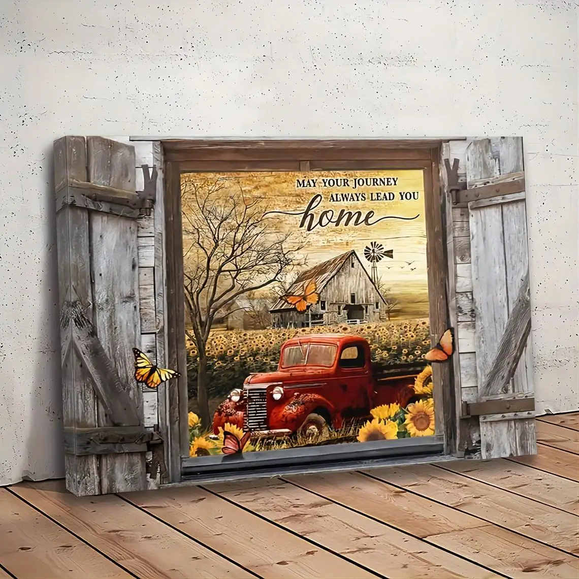 Wooden Framed Canvas Painting Rustic Red Old Truck Picture Kitchen Wall Art Print Suitable for Home Decor Living Room Bedroom