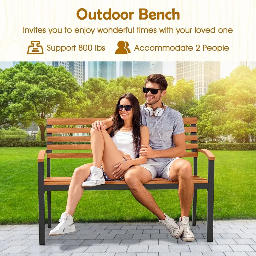 Giantex ม้านั่งกลางแจ้ง, ม้านั่งเล่นกลางแจ้งไม้อะคาเซียพร้อมที่นั่งพนักพิงแบบมีร่อง, ที่วางแขน, โครงโลหะสำหรับงานหนัก, ความจุ 800 ปอนด์