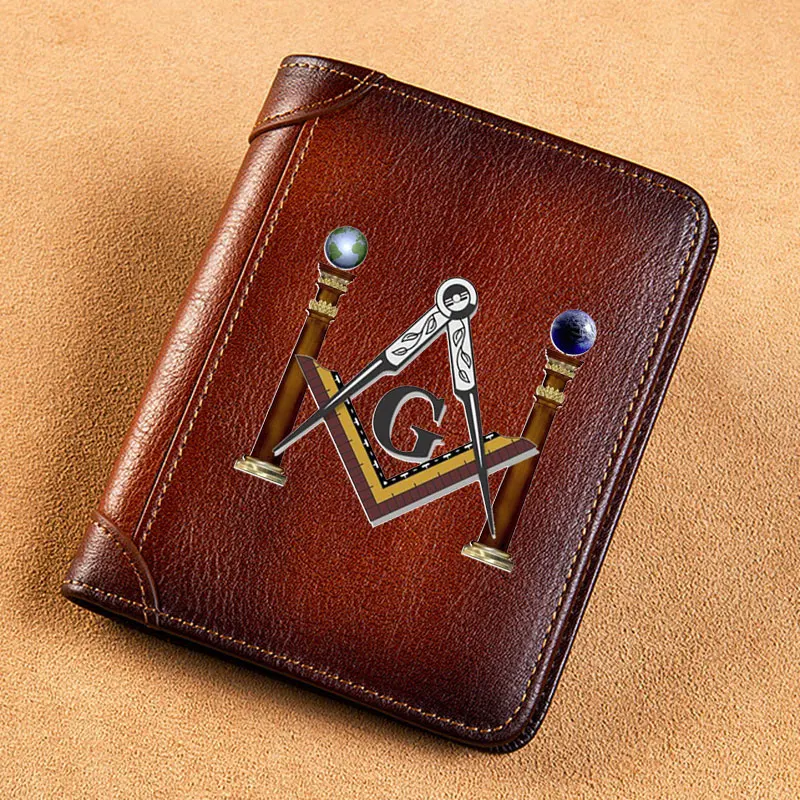 

Genuine Leather Men Wallets Gate Of The Freemasonry Printing Short Card Holder Purse Trifold Men's Wallet BK1292