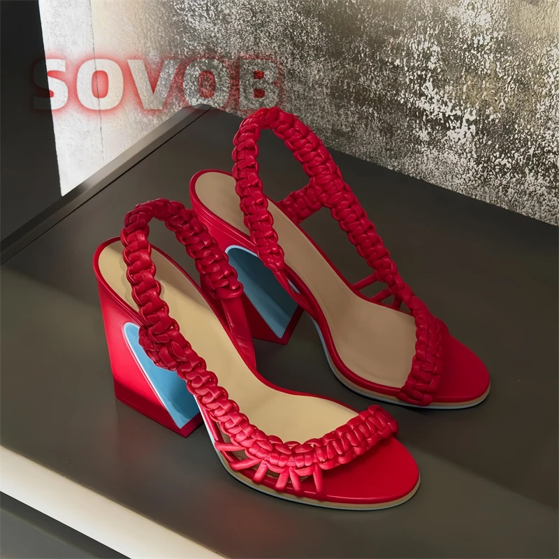 Trendy Woven Slingback Wedge Sandals, Open Toe Cutout Block Heel Sandals, Summer Vacation Wedding Heeled Sandals