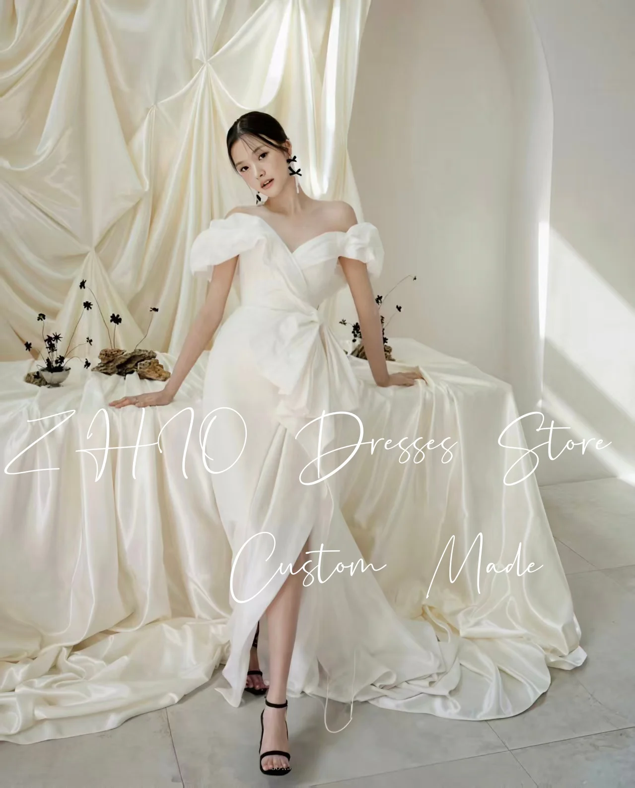 

ZHIO Modern Pleat Wedding Party Dress Off Shoulder Evening Dresses Ivory Satin Korea Photo Shoot Bridal Gown Custom 웨딩드레스