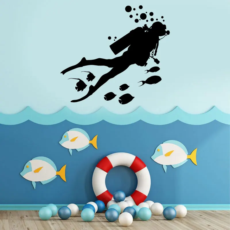 Scuba Diving Diver Fishes Bubbles Underwater Wall Stickers Vinyl Home Decor Room Bathroom Decals Waterproof Murals A194