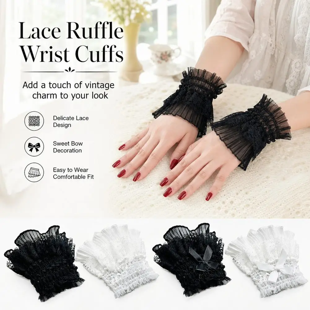 Gothic Lolita Hand Wrist Cuffs Bowknot LaceTrim Maid Cosplay Accessories For Women Girl Ladies Short Lace Gloves