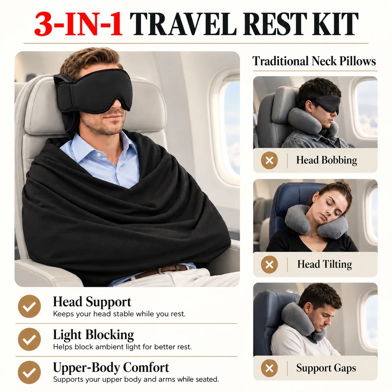 2026 Airplane Car Sleep Support Kit Adjustable Eye Mask Headrest Strap Upper Body Sling Travel Pillow for Flights Trains Home