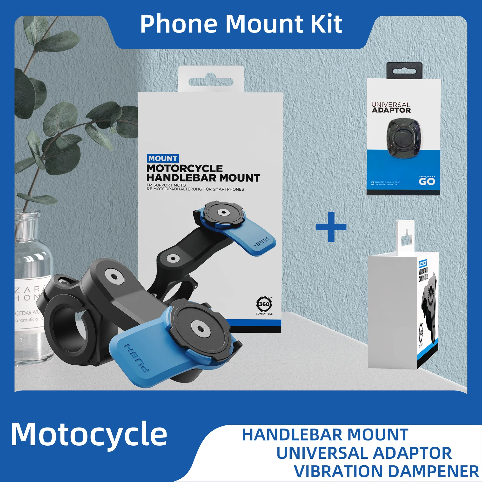 

Motocycle Phone Mount Kit - Handlebar Mount And Unviersal Adaptor And Vibration Dampener