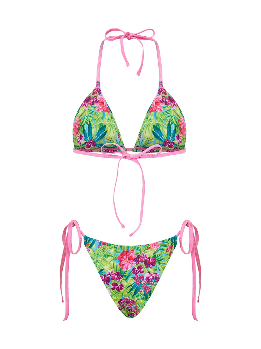 

Женский комплект бикини с цветочным принтом, завязками и плавками с высокой талией для стильного отдыха на пляже и у бассейна