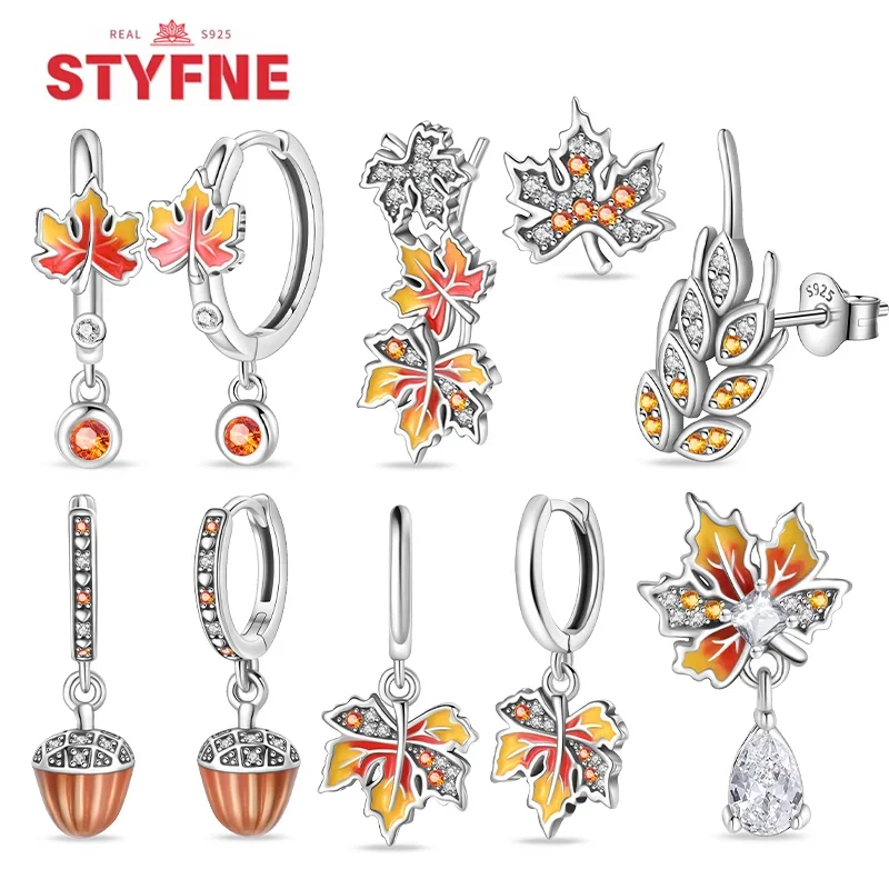 

Real Silver S925 Autumn Maple Leaf Pinecone Wheat Stud Earrings for Women Fine Engagement Wedding Party Fine Jewelry Gift