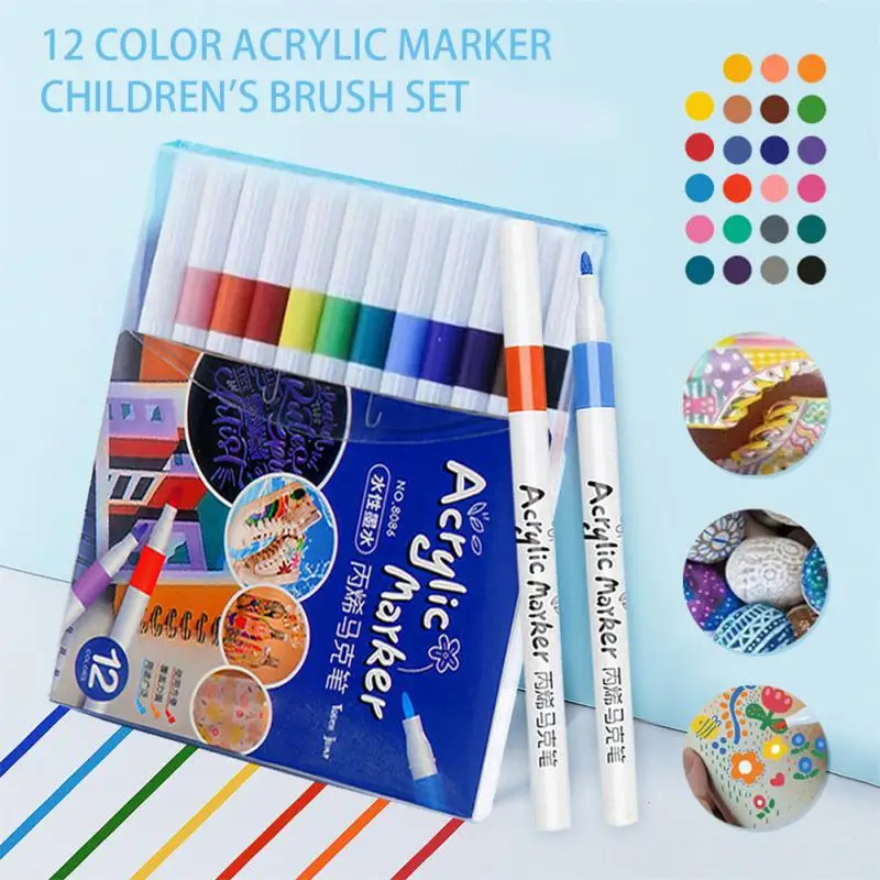 12-24 Kleuren Acryl Markers Pen Set Verf Kunst Marker Zachte Tip Pen Voor Kinderen Steen Verf Keramisch Glas Hout Stof Schilderij