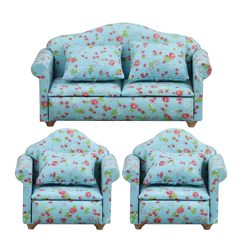 Sofá individual en miniatura para casa de muñecas, sofá doble con almohada, fondo azul, pequeño sofá Floral rojo, juguetes de muebles, 1/3 piezas 1:12