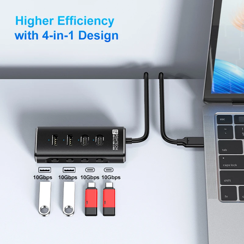 Imagem -03 - Rshtech-usb Tipo-c Alumínio Multiport Hub 4-port 10gbps Transmissão de Alta Velocidade Estação de Ancoragem Divisor para Laptops e pc