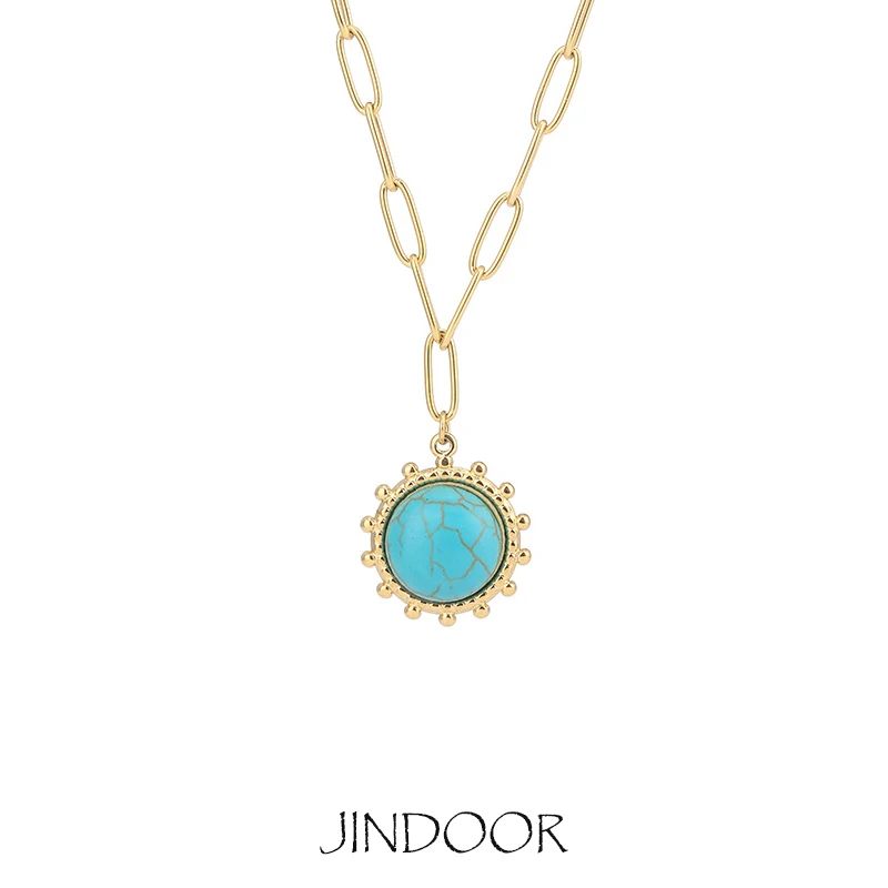 

JINDOOR 18K Gold Plated Stainless Steel Necklace with Turquoise Pendant for Women, Dainty Chain, Ethnic Boho Minimalist Jewelry