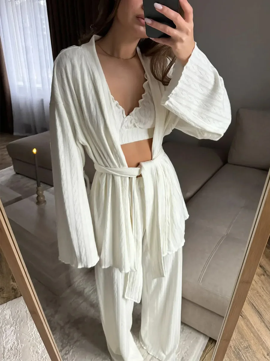 

Muzuleva Knitted Home Clothing Autumn Long Sleeved Nightgown Underwear Long pants 3-piece Set Women's Breathable Pajama Set